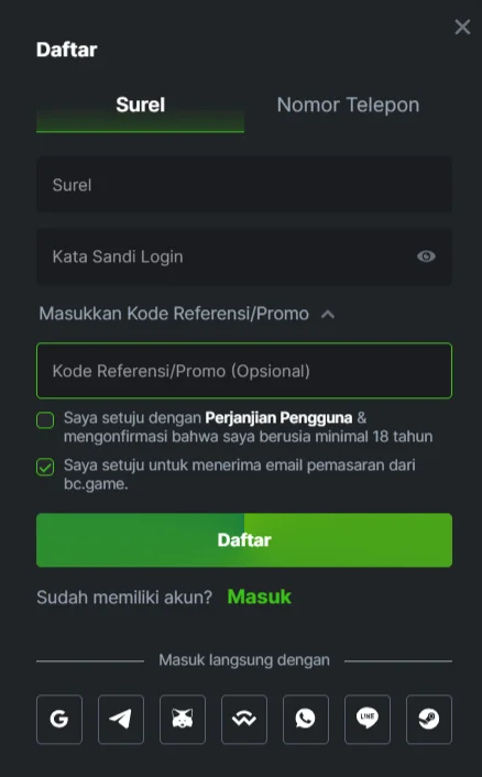 Formulir pendaftaran situs web BC.Game